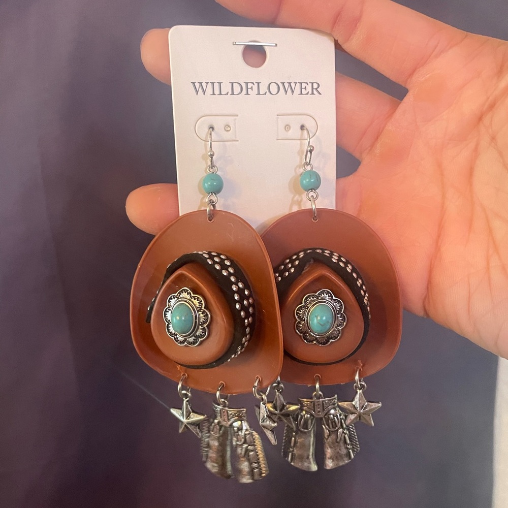 Wildflower Brown and Turquoise Western Hat Dangle Earrings